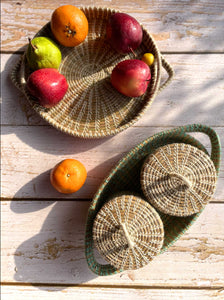 Handcrafted salt reed round fruit/ towel tray with handles