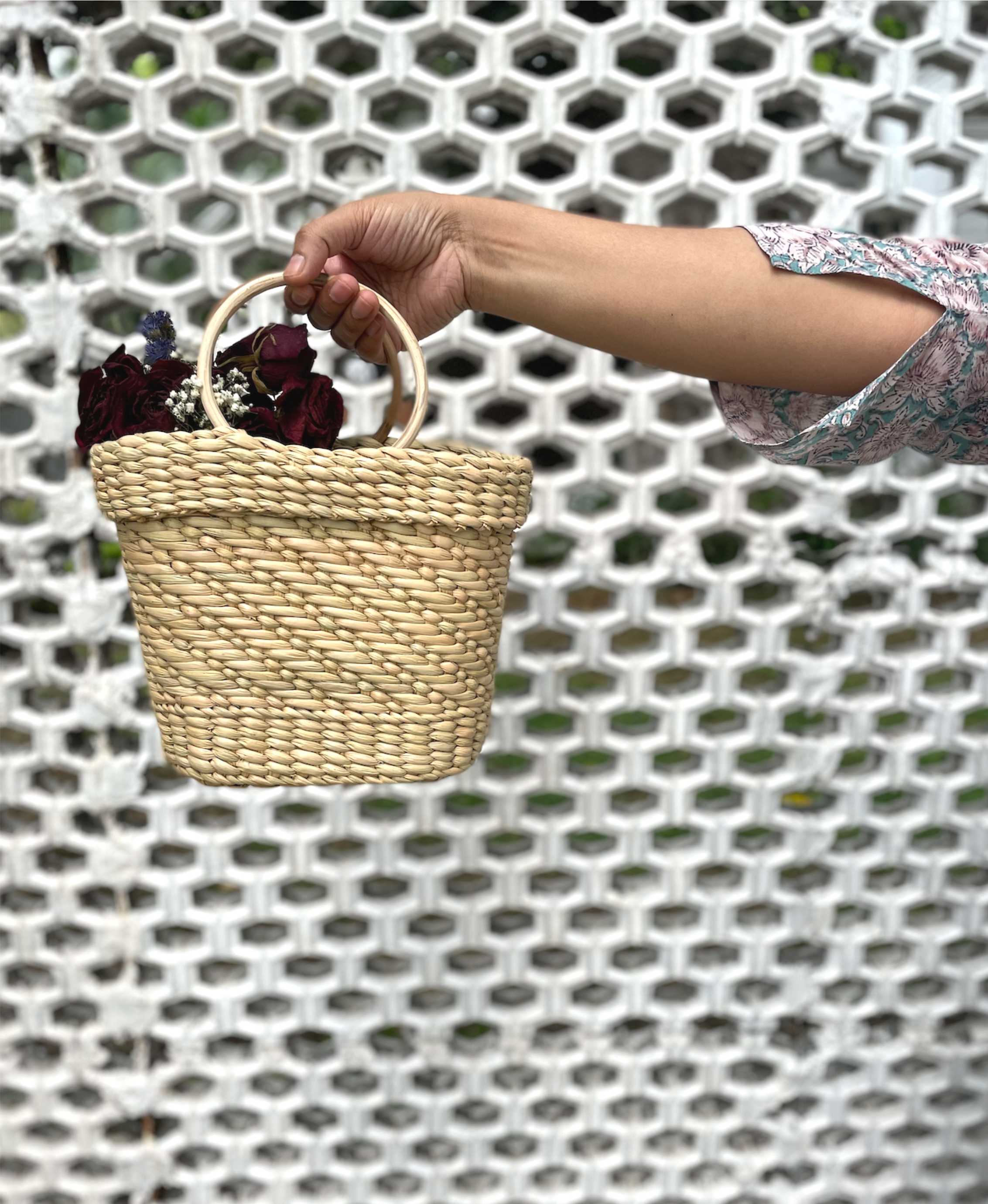 Handcrafted reed bucket bag