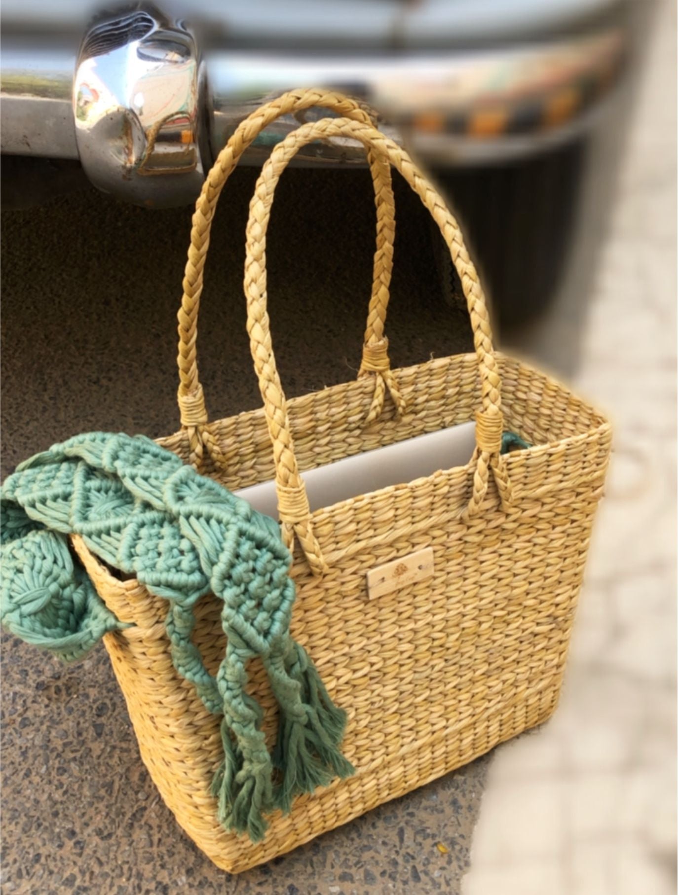 Handcrafted multi purpose Box bag with macrame cover and lock - Sage green