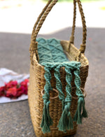 Load image into Gallery viewer, Handcrafted multi purpose Box bag with macrame cover and lock - Sage green
